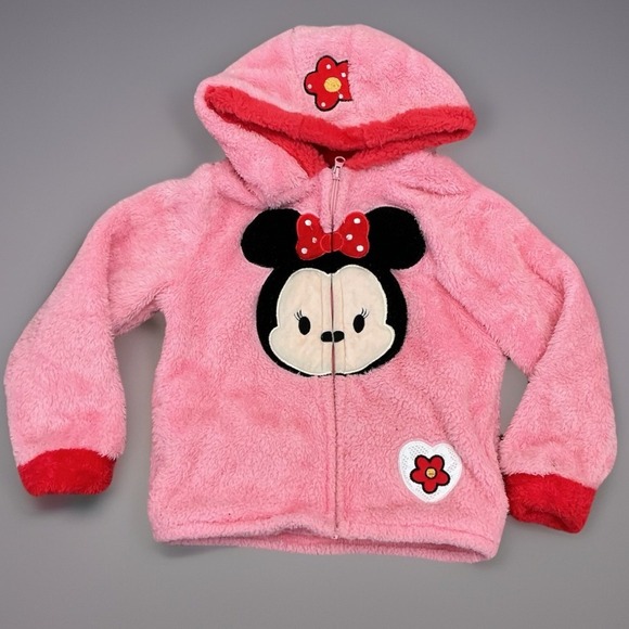 Disney Minnie Mouse Fuzzy Zip Up Hoodie Flower Applique Pink Girl's Size 7 - Picture 2 of 5